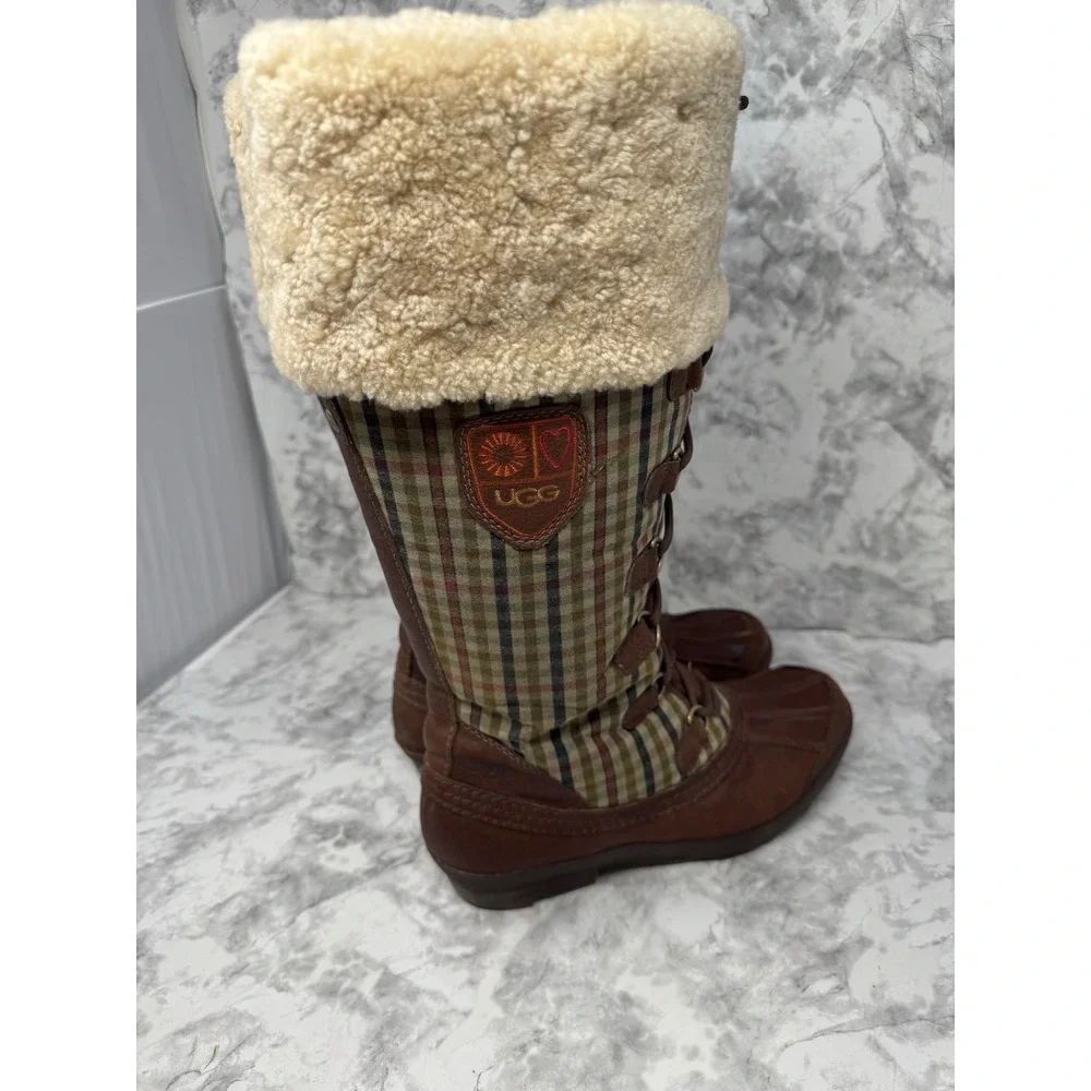 UGG Australia Adirondack Tall Plaid Snow Boots Brown Leather Sheepskin   10